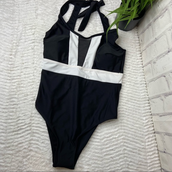 NEW Black White Mesh One Piece Swimsuit Small - Picture 4 of 12